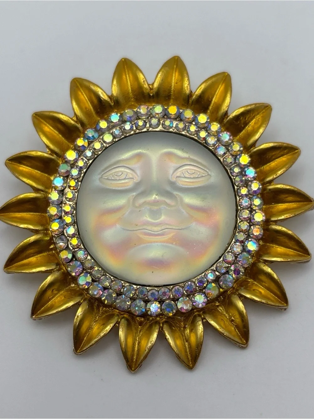 Iridescent Moon Face Sunburst Brooch with Aurora Rhinestones